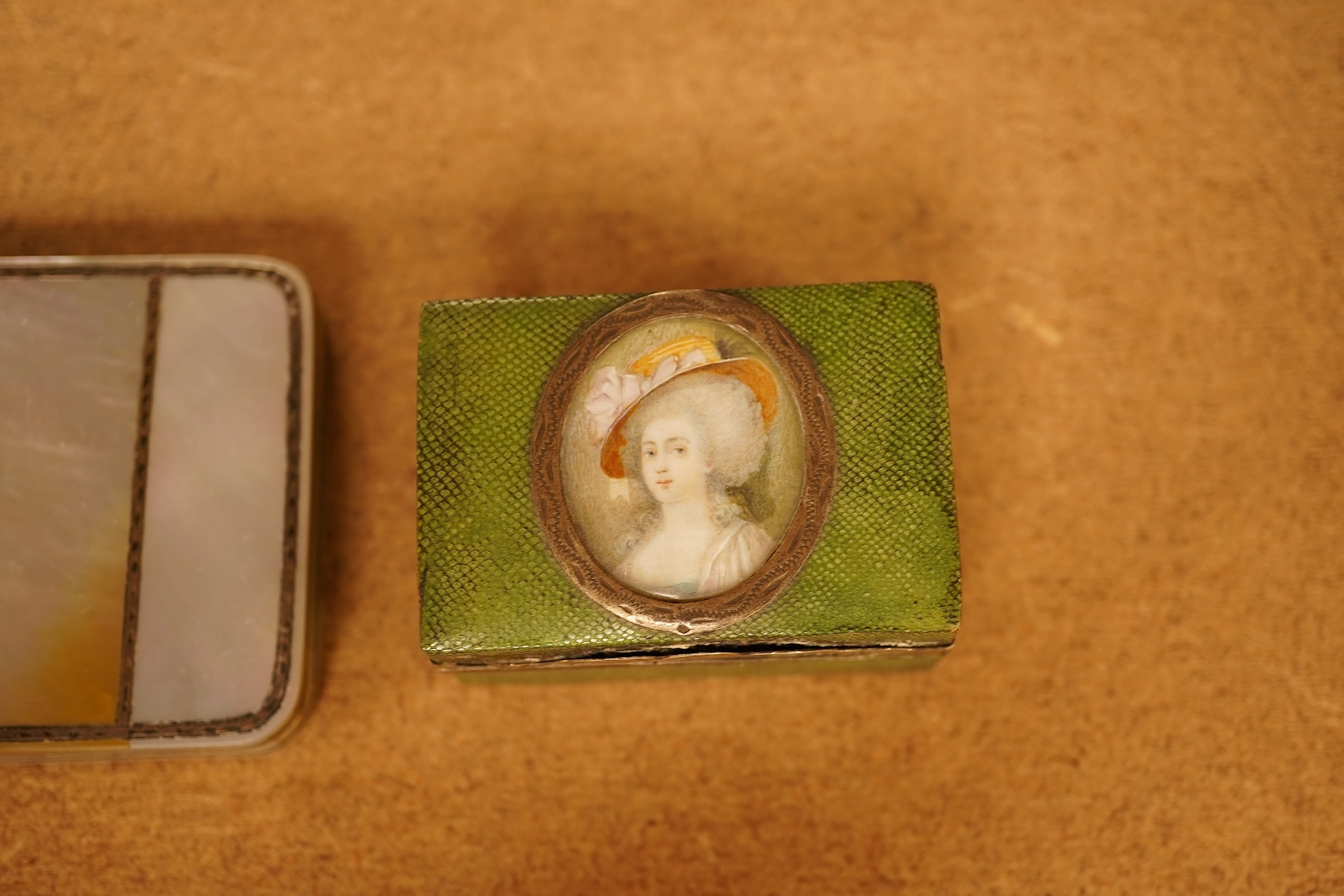 A French silver and shagreen perfume box, portrait miniature on ivory and an early 19th century mother of pearl box (2), shagreen box 5.5cm wide x 4cm deep x 3cm high Ivory Submission reference 96LR94PU